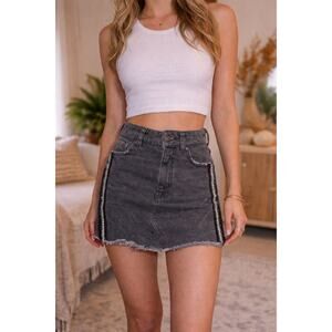 Free People Denim Mini Skirt Women's 2 Black Embroidered Beaded Side Frayed Hem